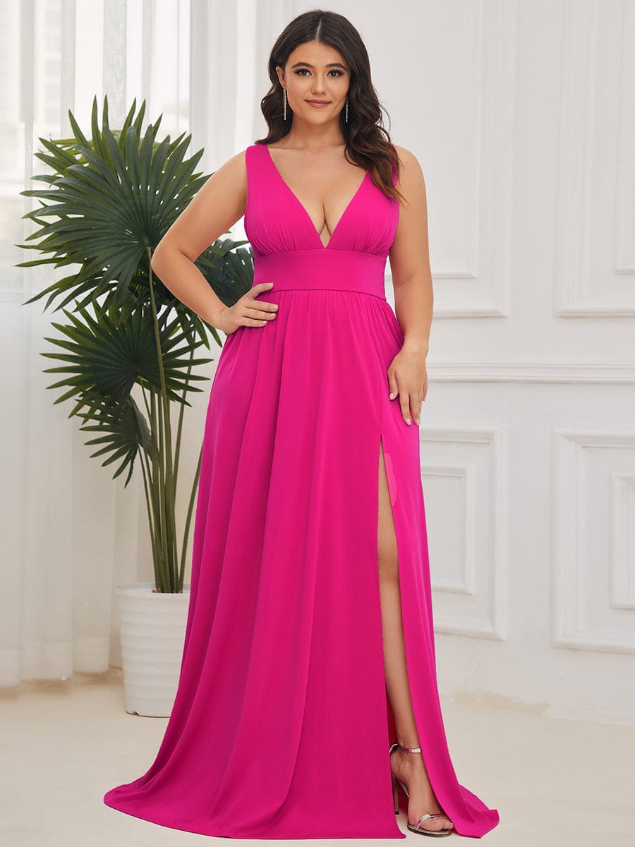 Plus Size V Neck High Slit Dress #color_Hot Pink