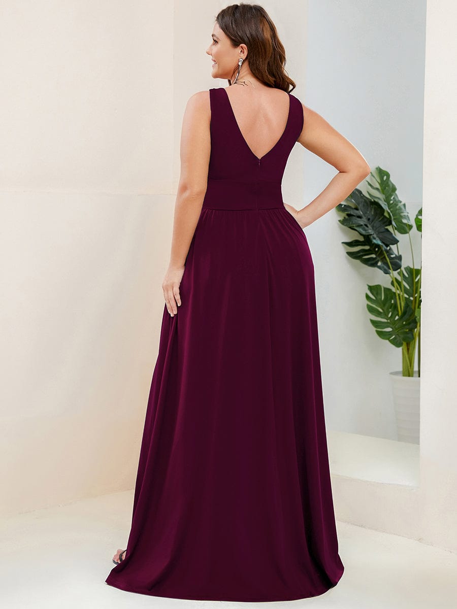 Plus Size V Neck High Slit Dress #color_Mulberry