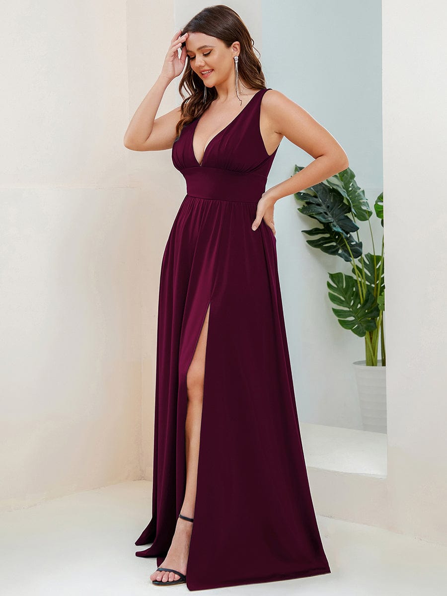 Plus Size V Neck High Slit Dress #color_Mulberry