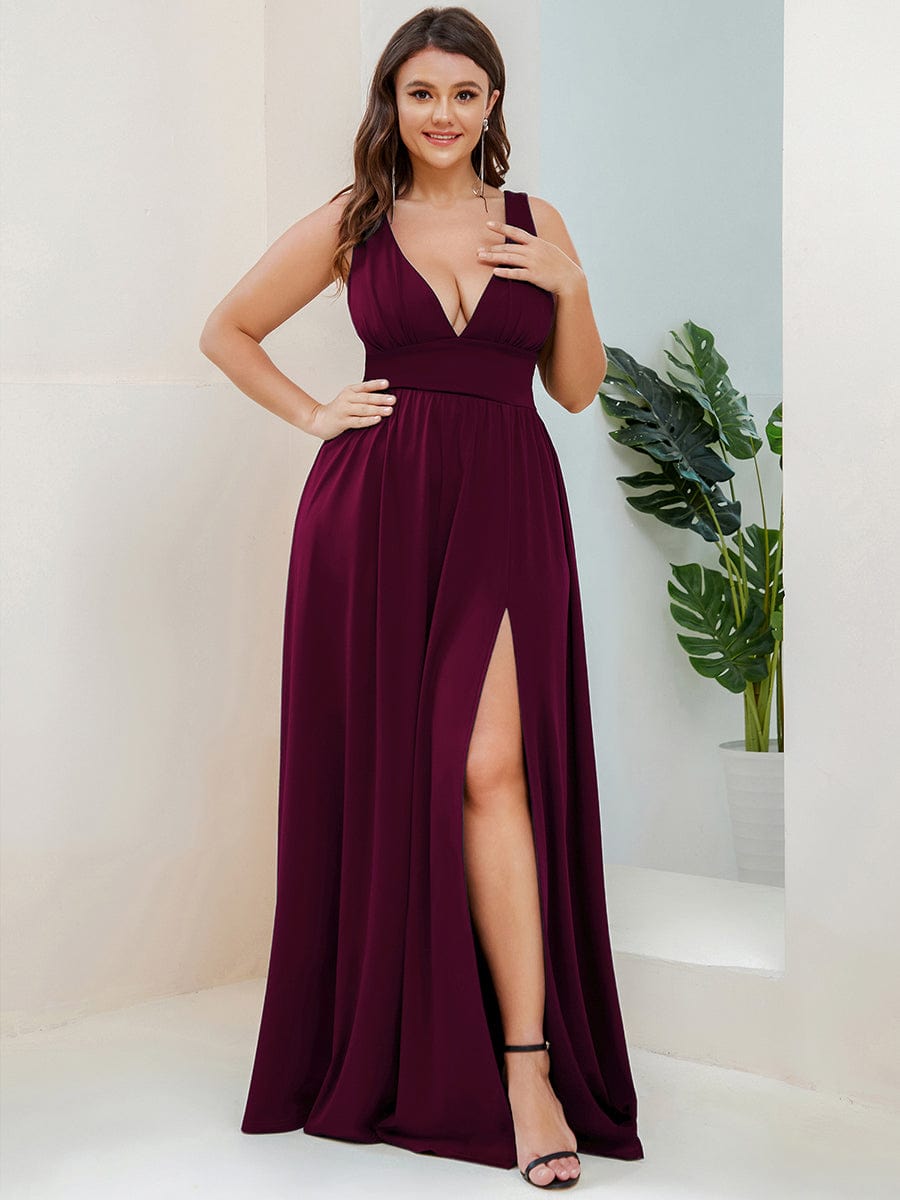 Plus Size V Neck High Slit Dress #color_Mulberry