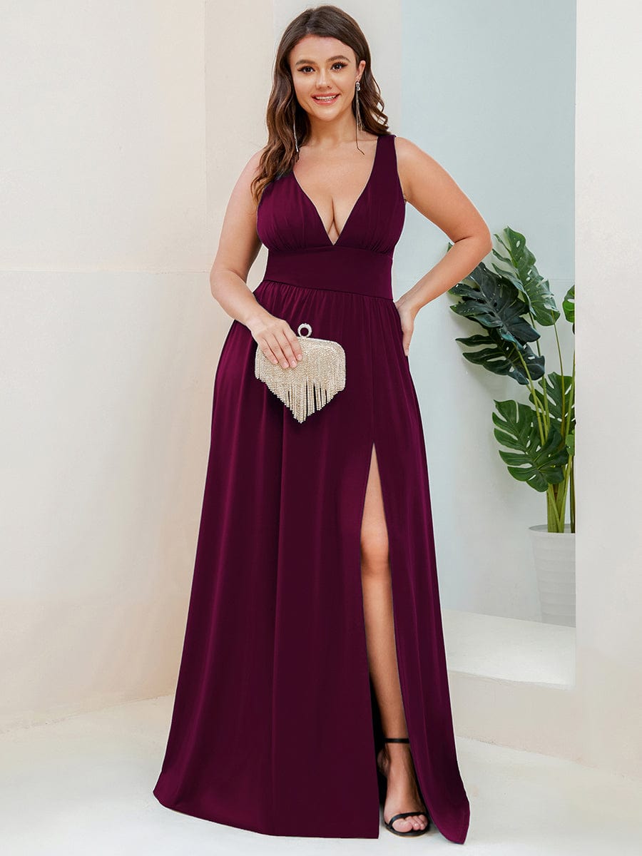 Plus Size V Neck High Slit Dress #color_Mulberry