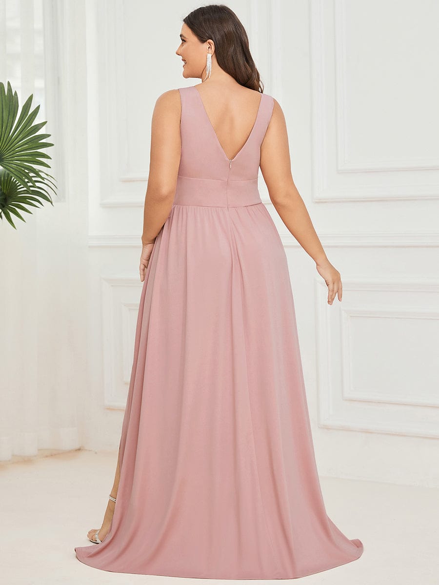 Plus Size V Neck High Slit Dress #color_Pink