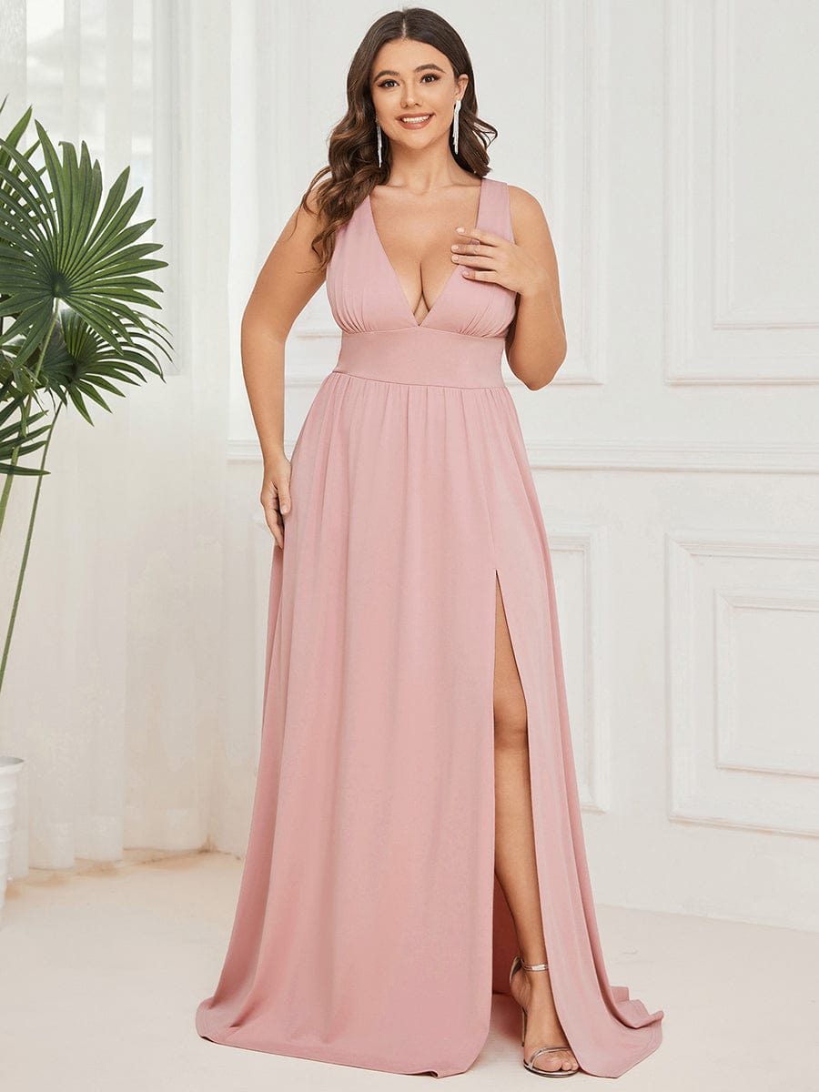 Plus Size V Neck High Slit Dress #color_Pink