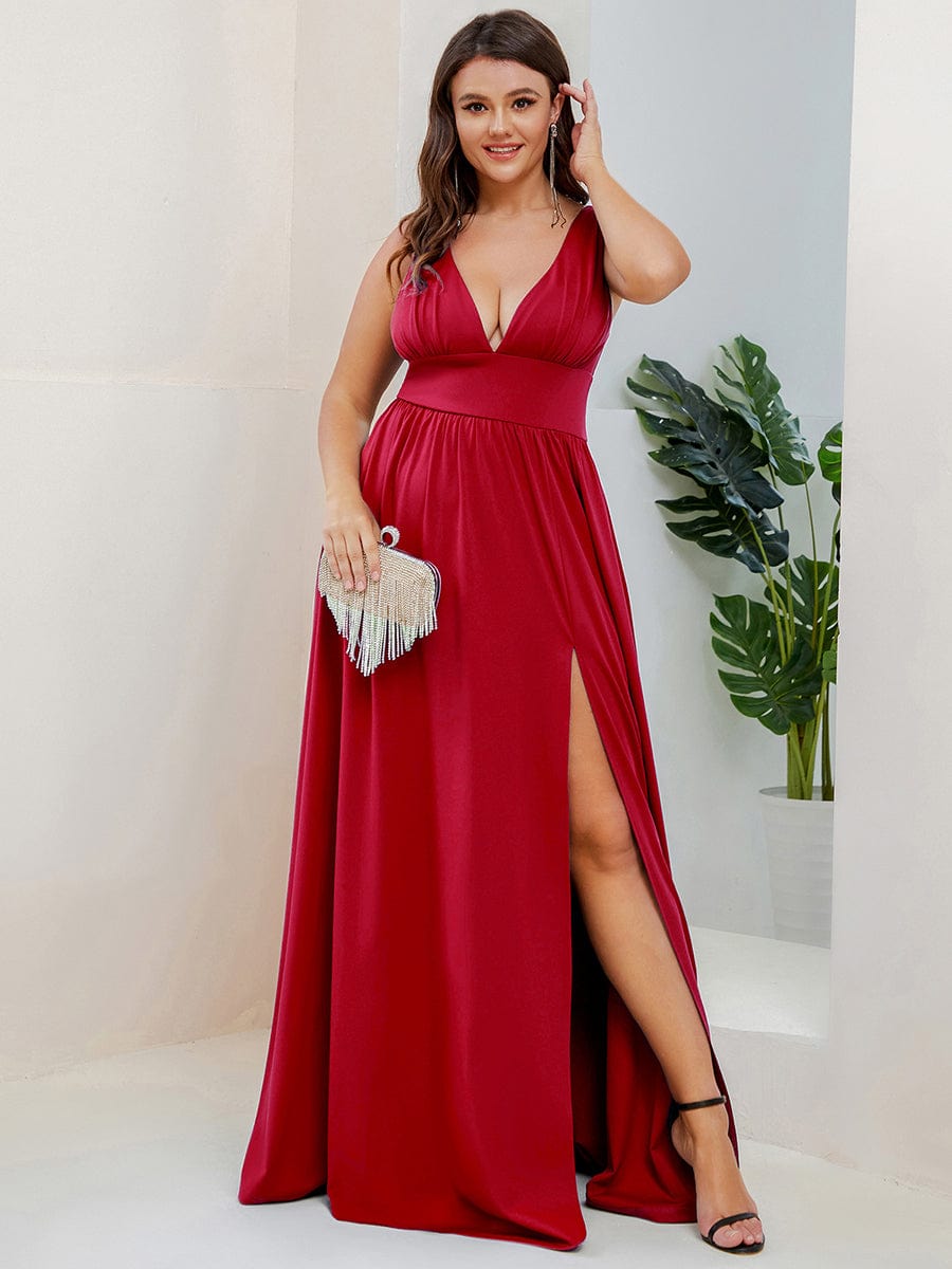 Plus Size V Neck High Slit Dress #color_Red