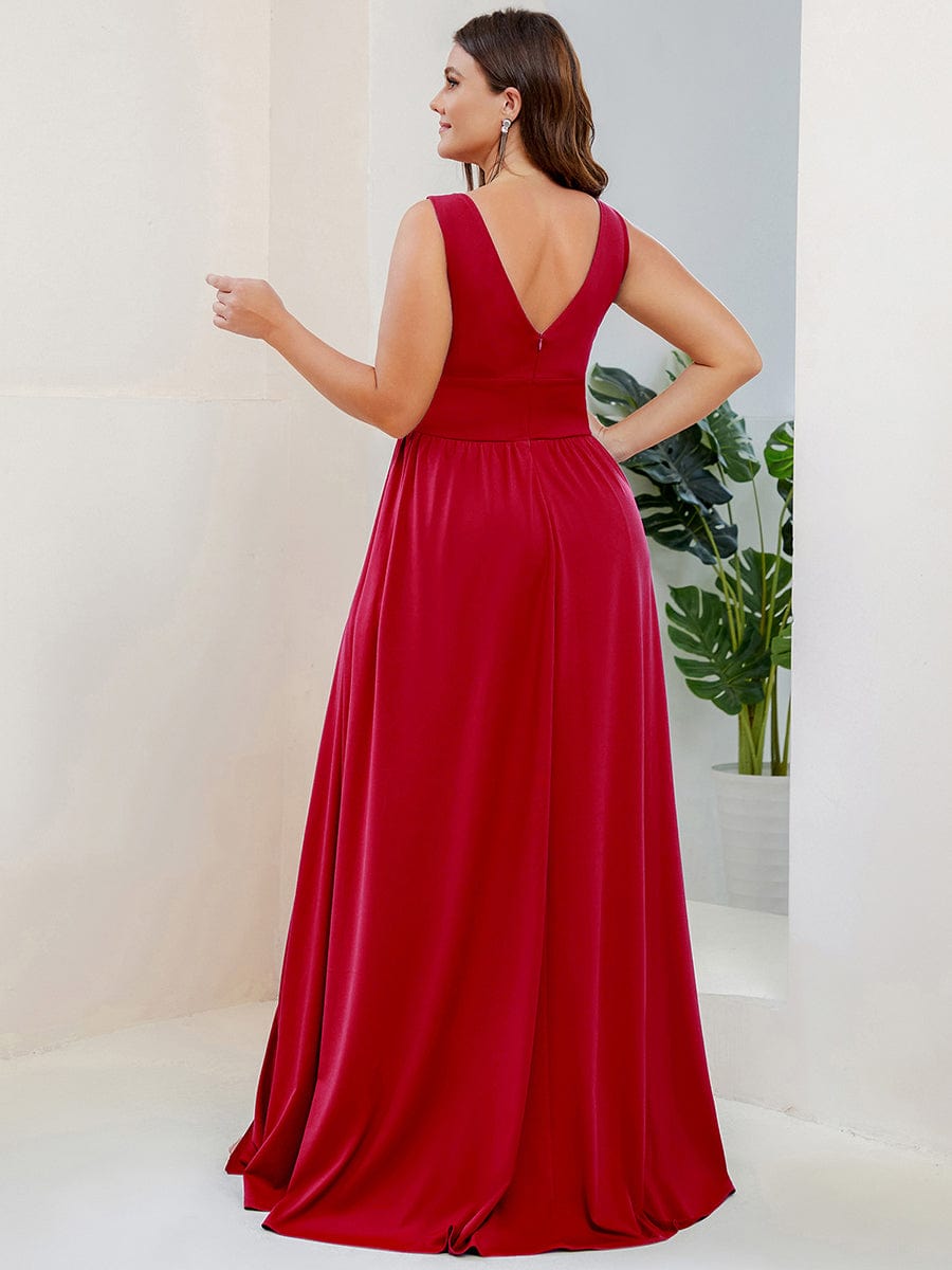 Plus Size V Neck High Slit Dress #color_Red