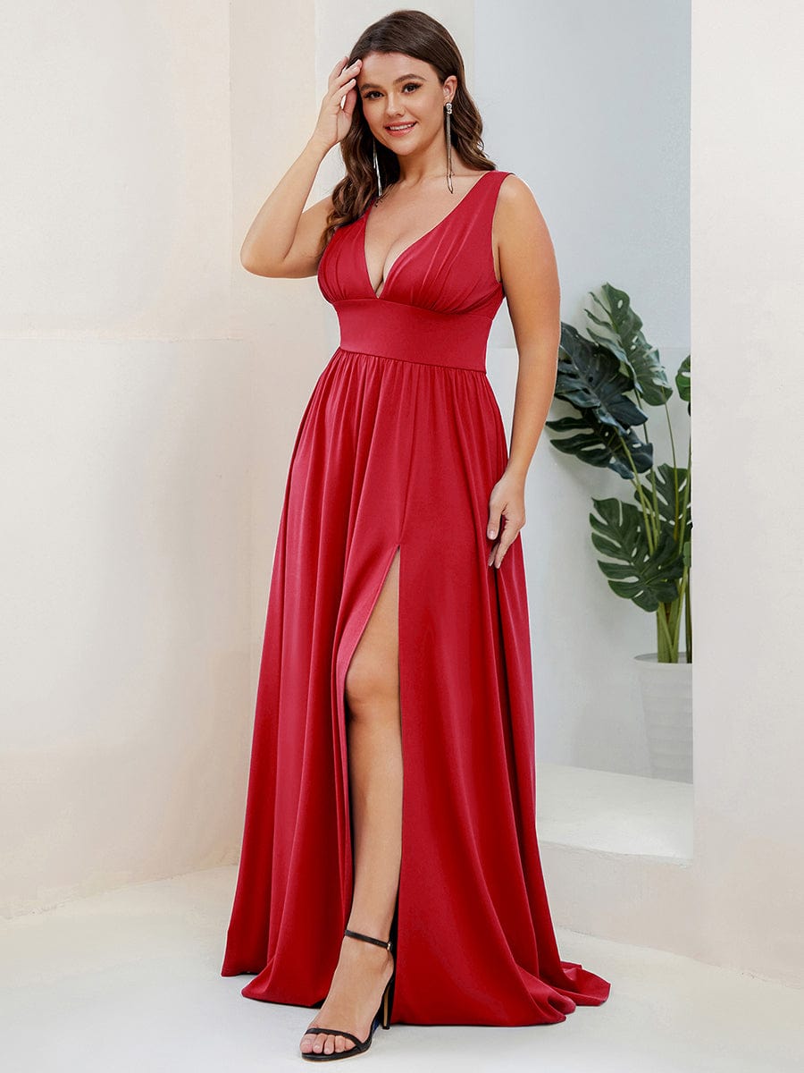 Plus Size V Neck High Slit Dress #color_Red