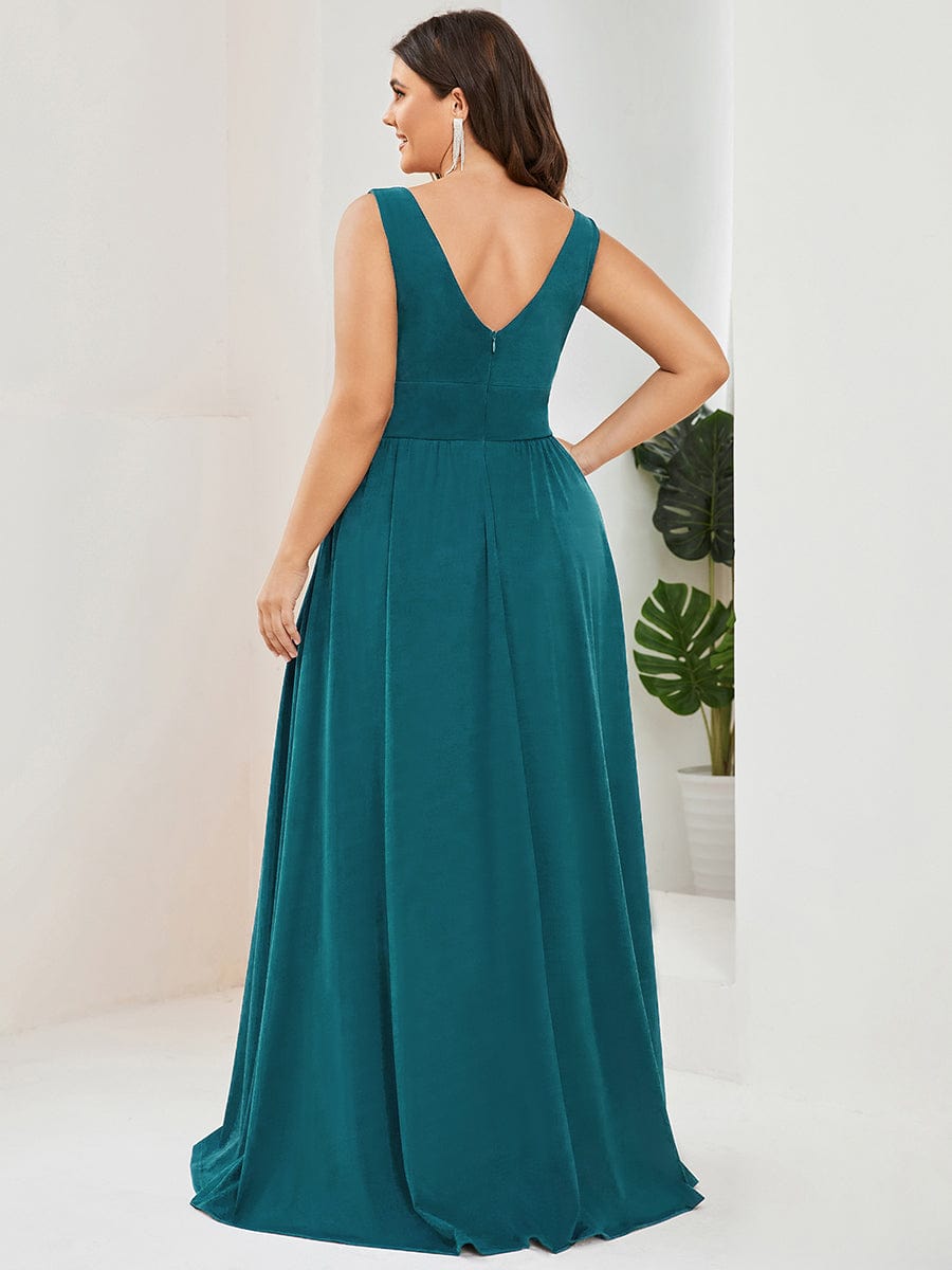 Plus Size V Neck High Slit Dress #color_Teal