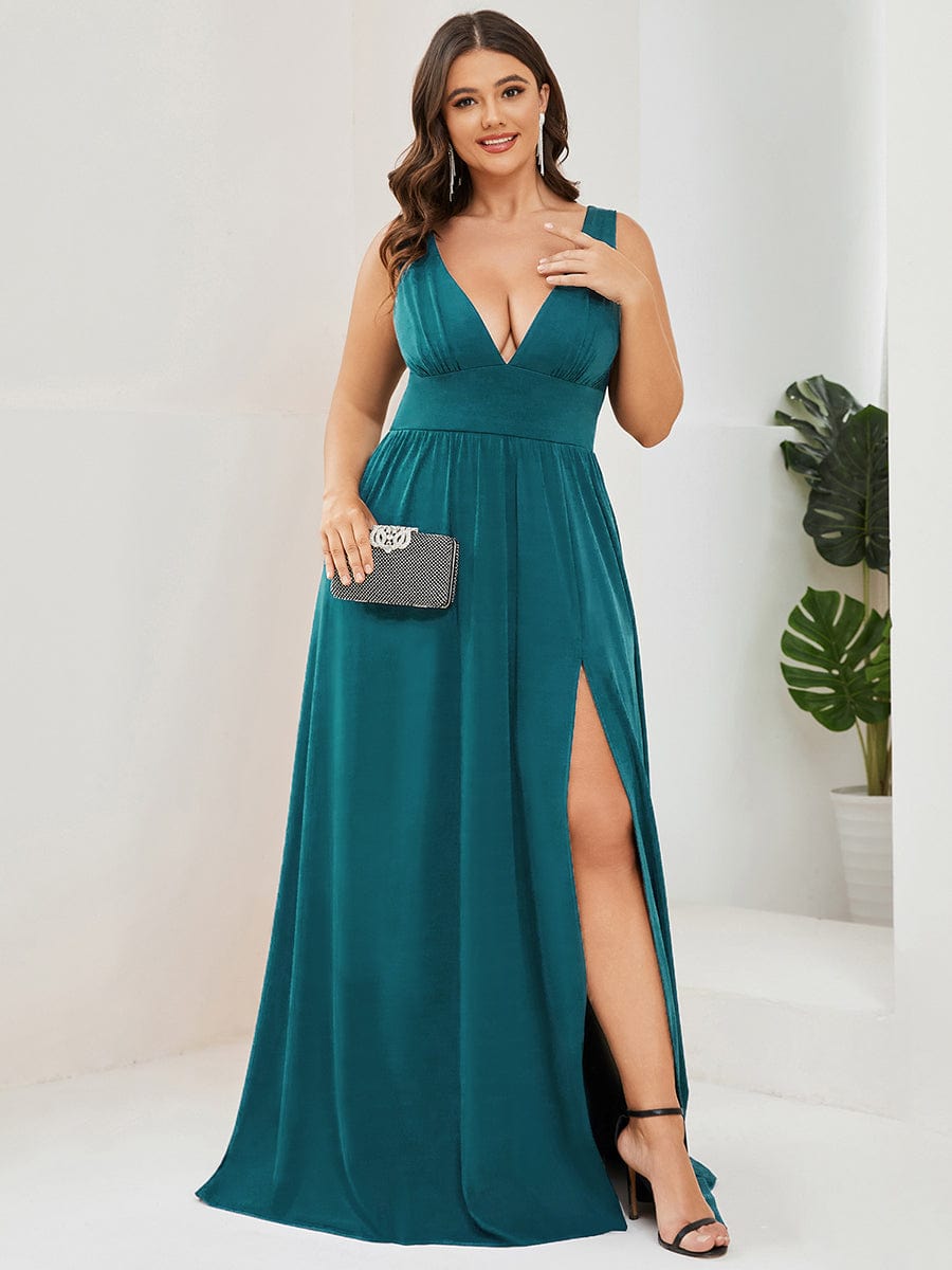 Plus Size V Neck High Slit Dress #color_Teal