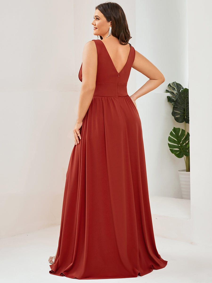 Plus Size V Neck High Slit Dress #color_Vermilion