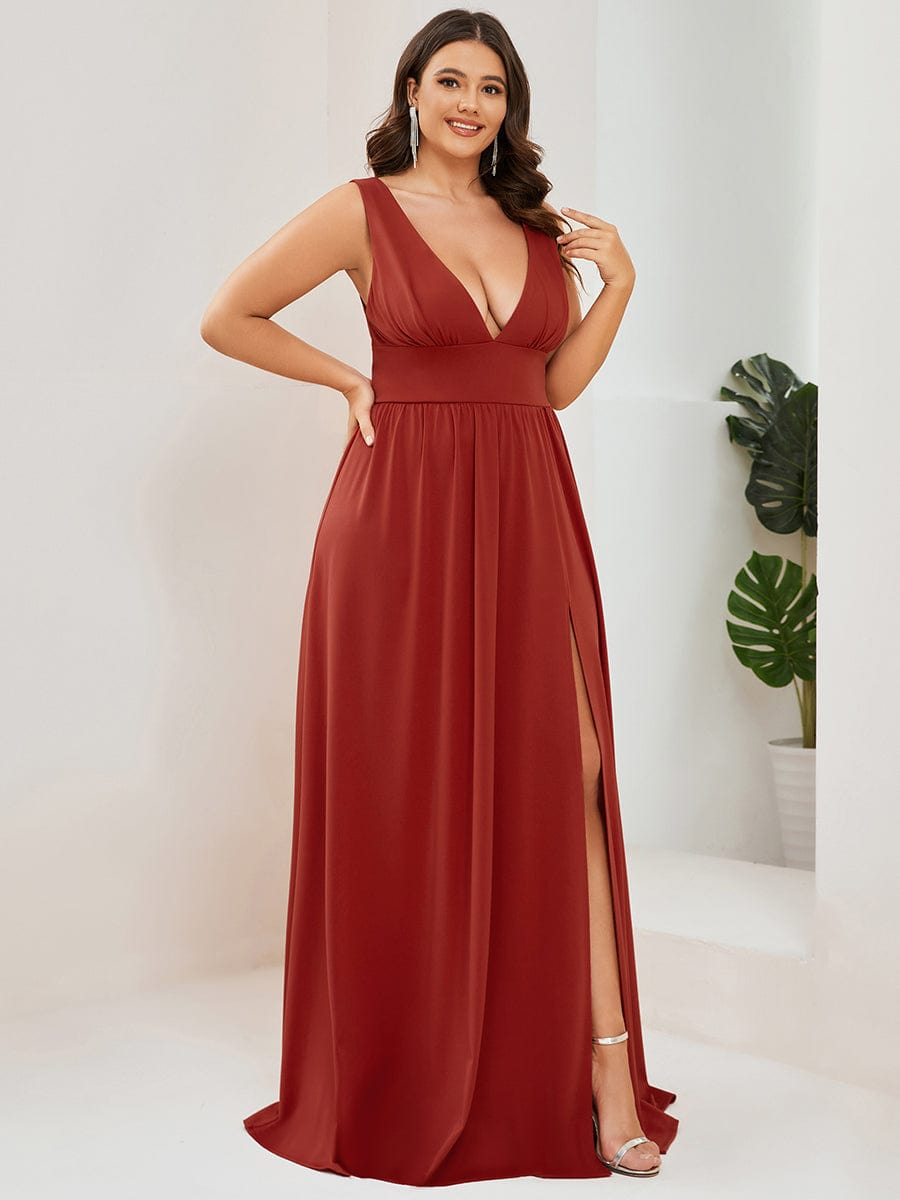 Plus Size V Neck High Slit Dress #color_Vermilion