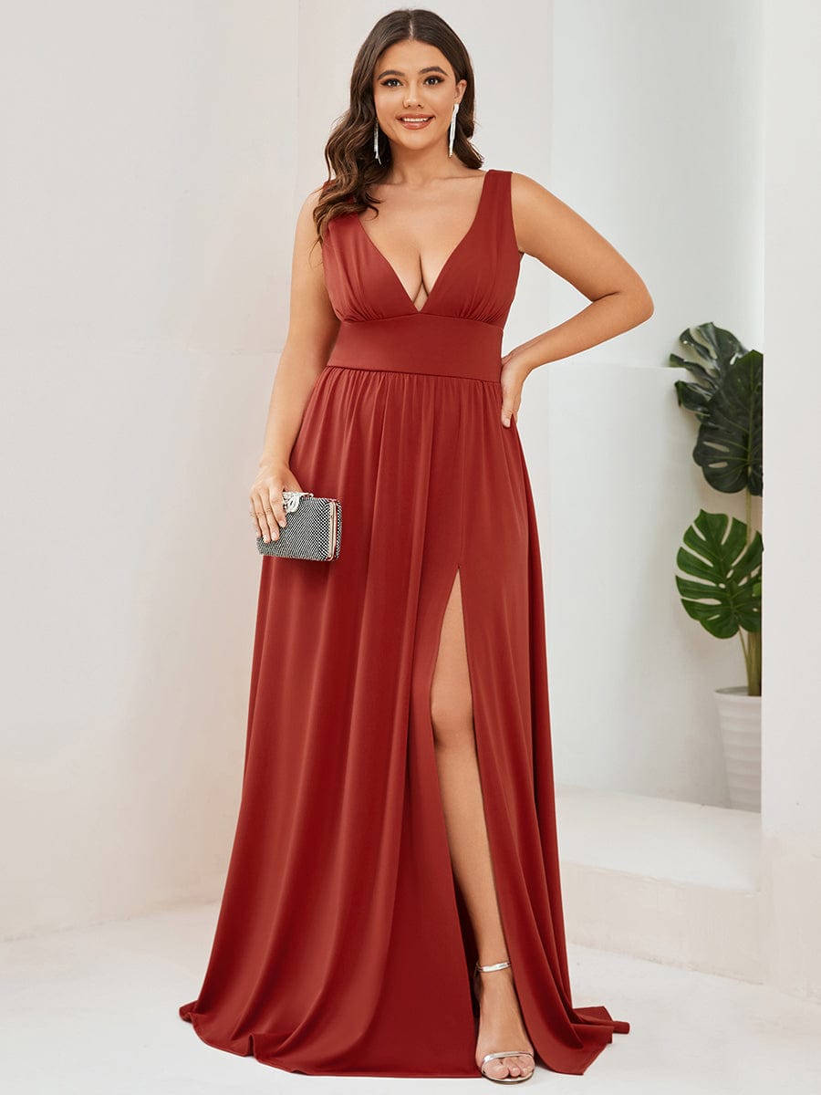 Plus Size V Neck High Slit Dress #color_Vermilion