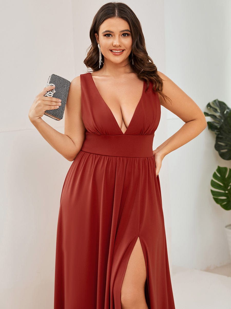 Plus Size V Neck High Slit Dress #color_Vermilion