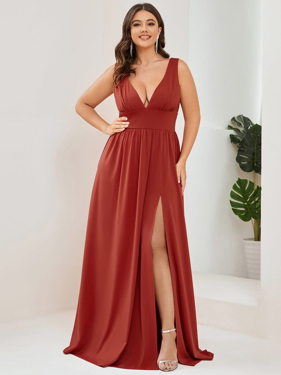 Plus Size V Neck High Slit Dress #color_Vermilion