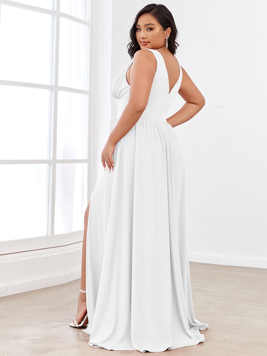 Plus Size V Neck High Slit Dress #color_White