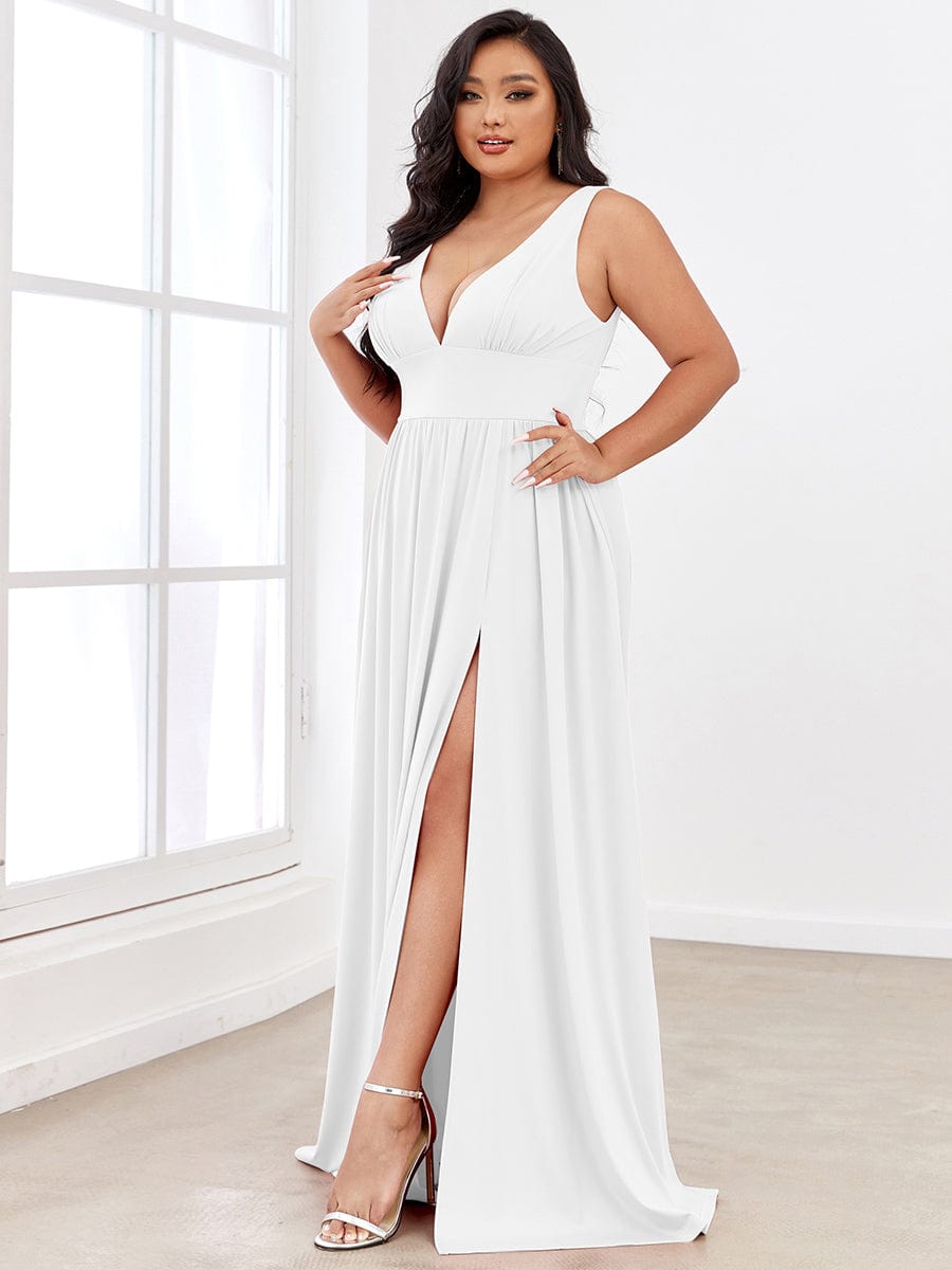 Plus Size V Neck High Slit Dress #color_White