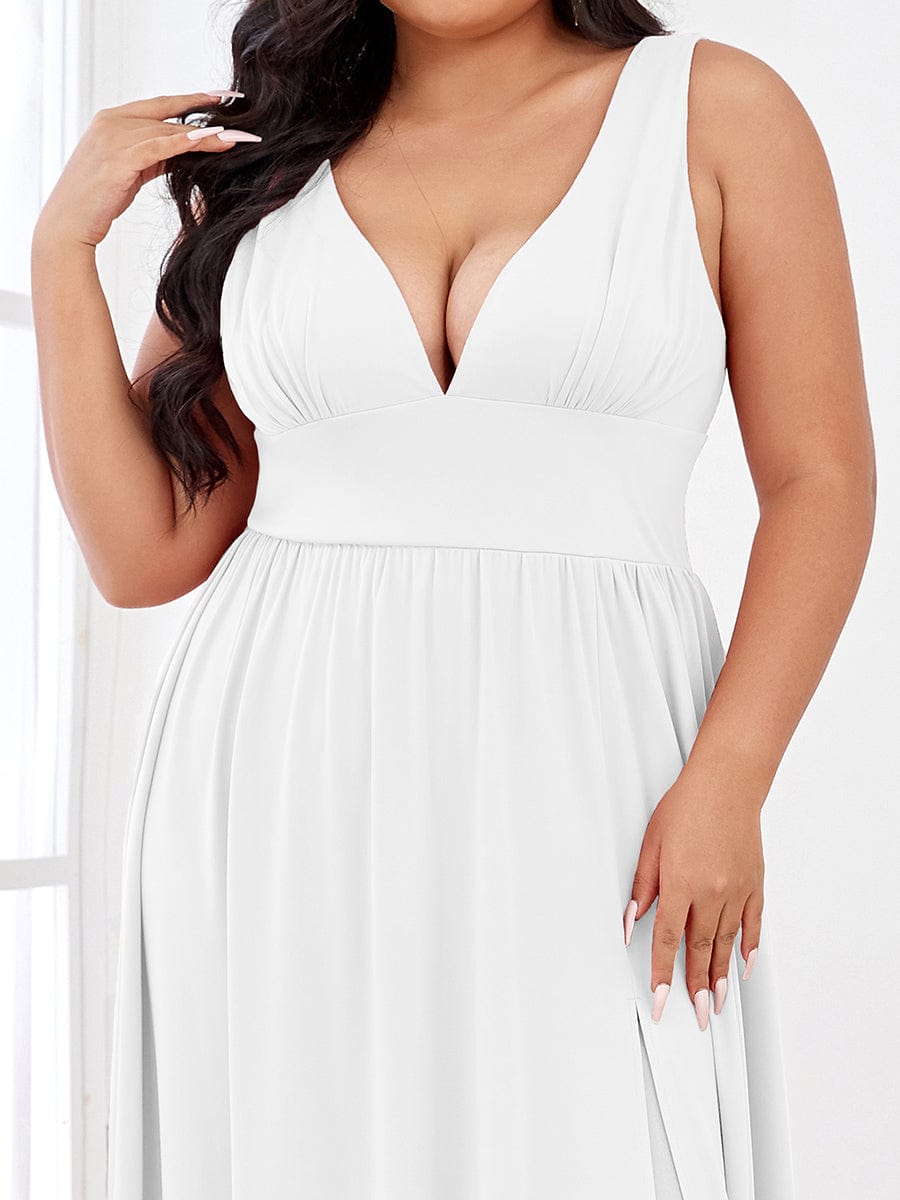 Plus Size V Neck High Slit Dress #color_White