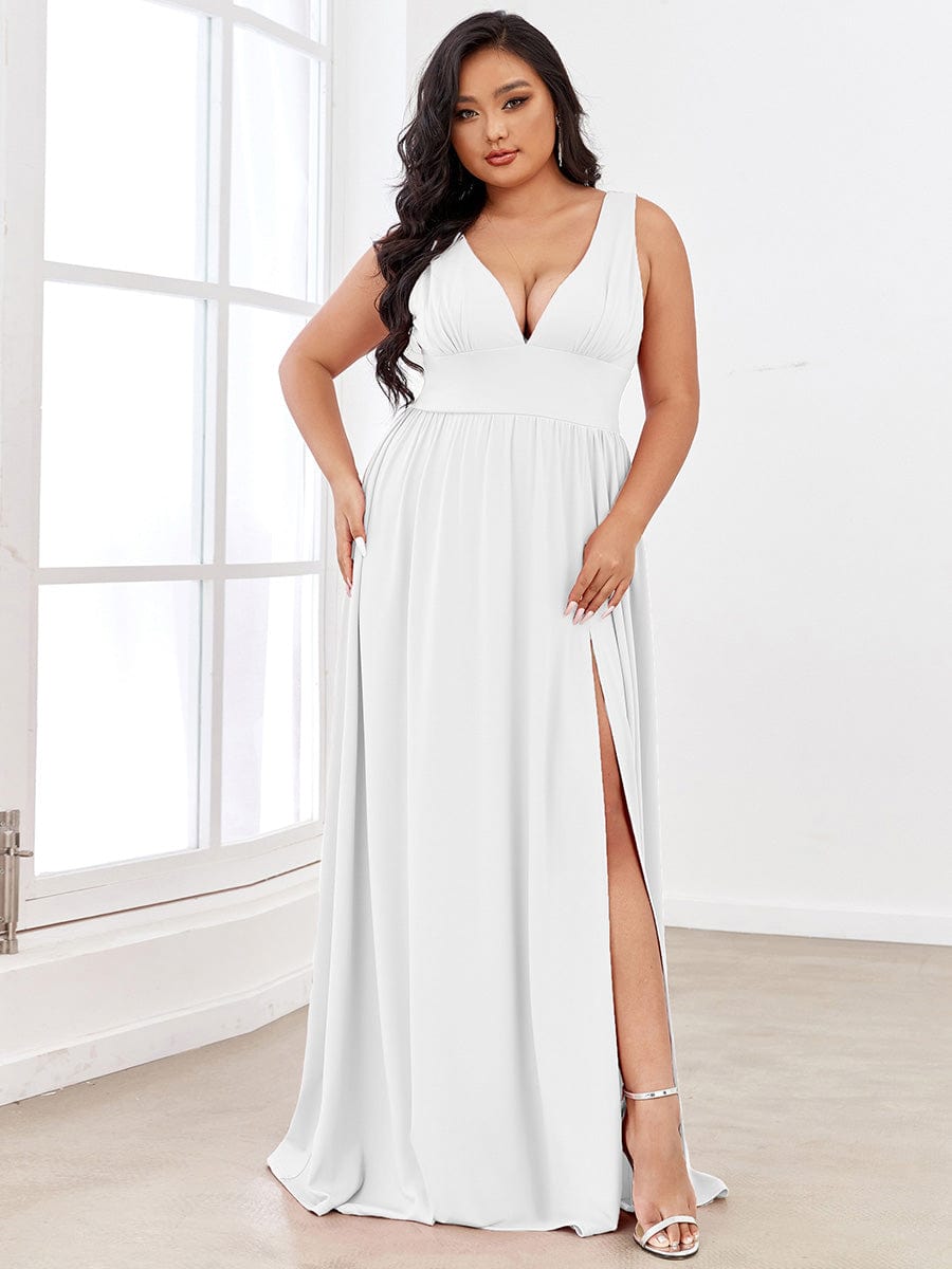 Plus Size V Neck High Slit Dress #color_White