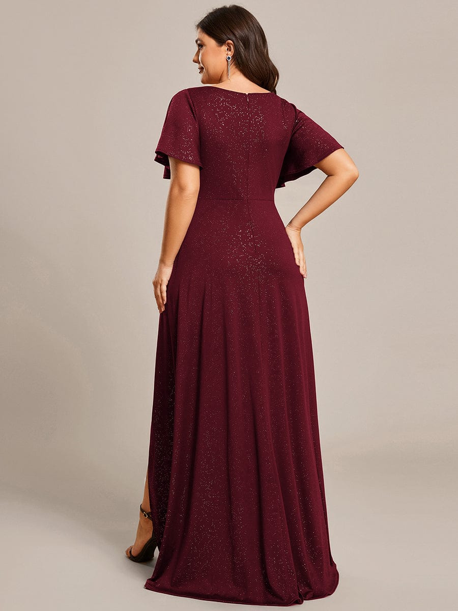 Plus Size Glitter High-Low Front Slit Maxi Dress #color_Burgundy