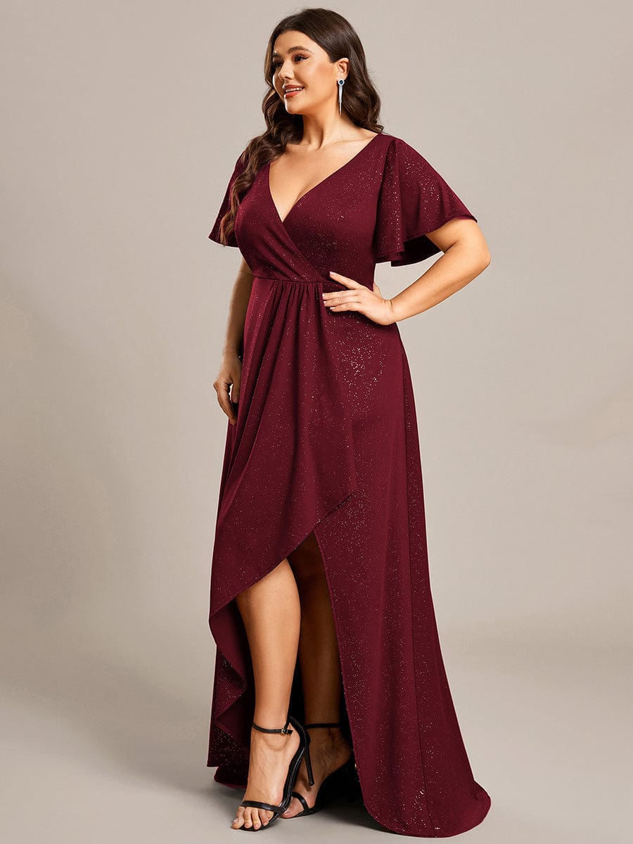 Plus Size Glitter High-Low Front Slit Maxi Dress #color_Burgundy