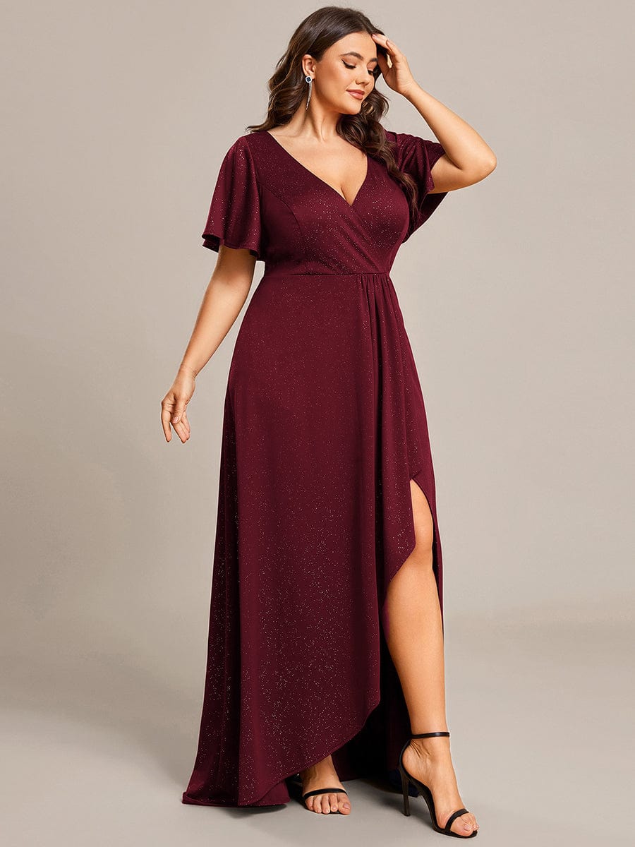 Plus Size Glitter High-Low Front Slit Maxi Dress #color_Burgundy