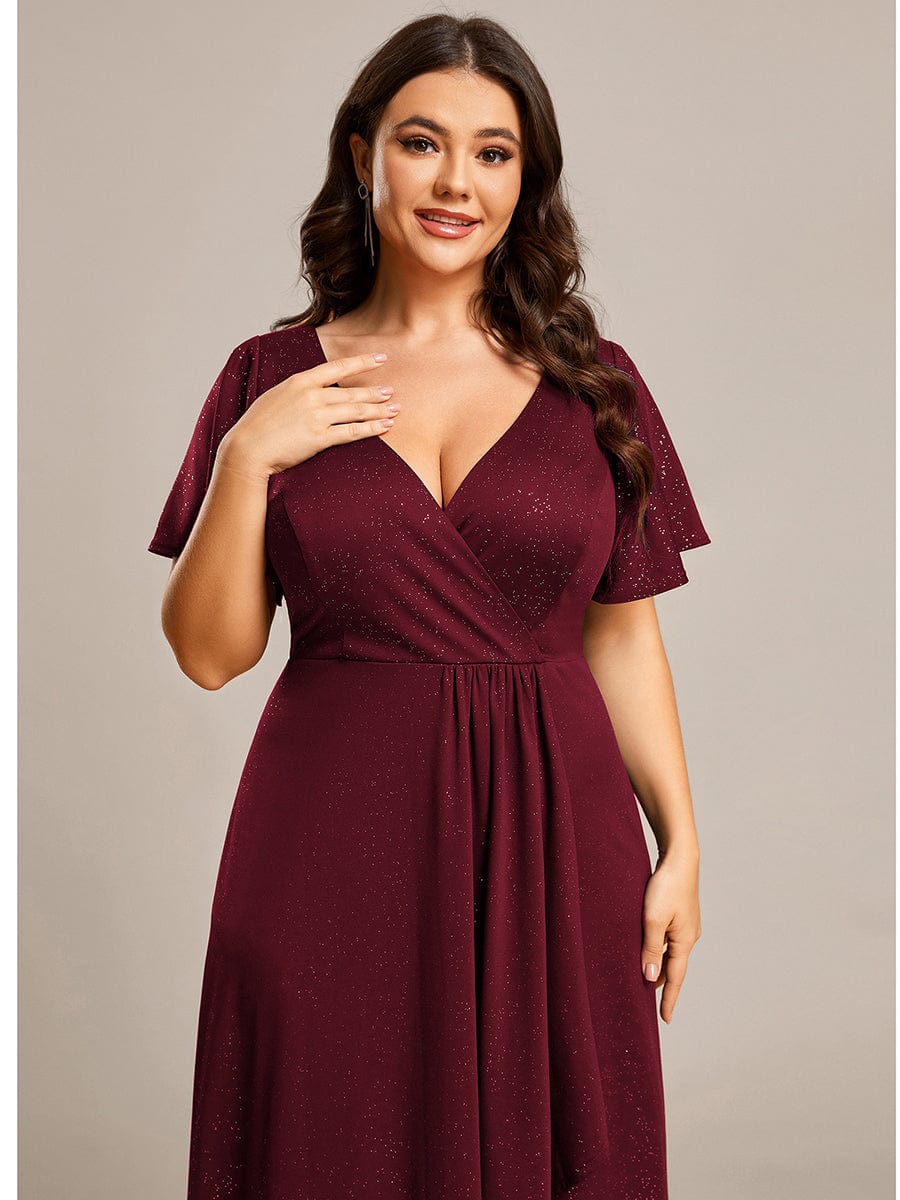 Plus Size Glitter High-Low Front Slit Maxi Dress #color_Burgundy