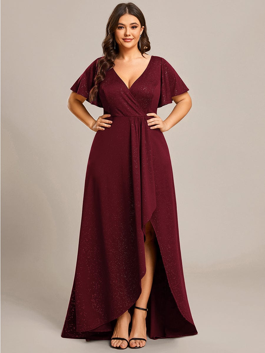 Plus Size Glitter High-Low Front Slit Maxi Dress #color_Burgundy