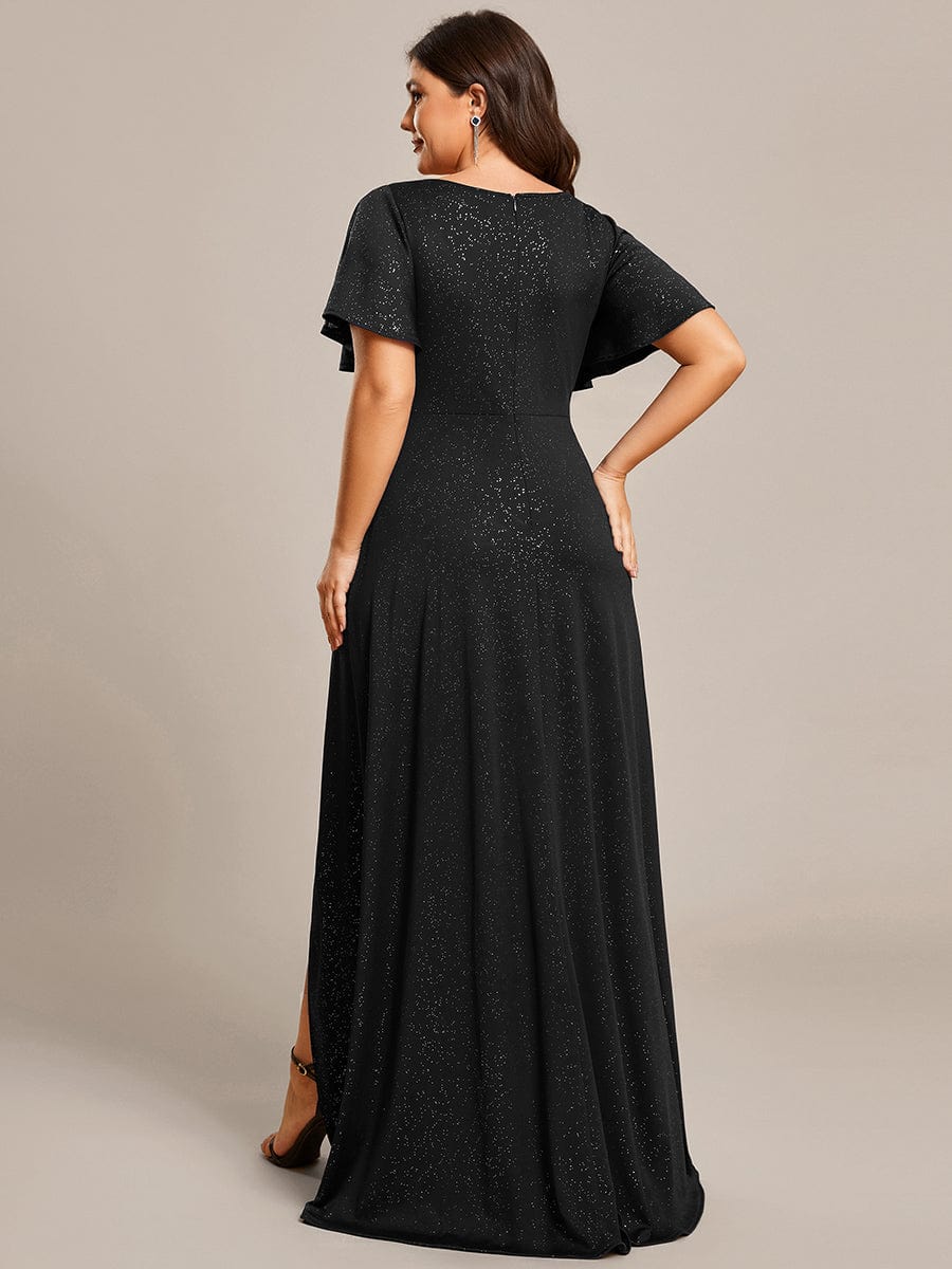 Plus Size Glitter High-Low Front Slit Maxi Dress #color_Black