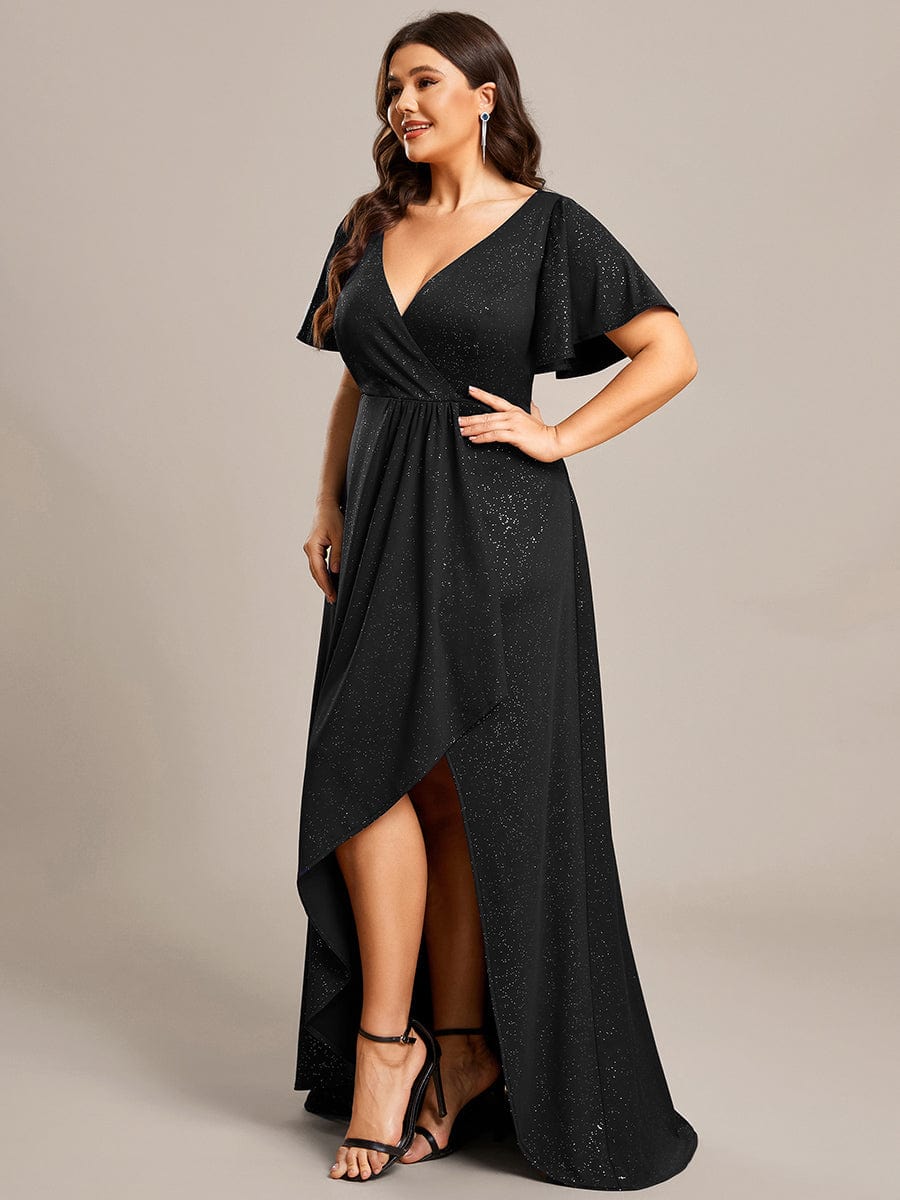 Plus Size Glitter High-Low Front Slit Maxi Dress #color_Black