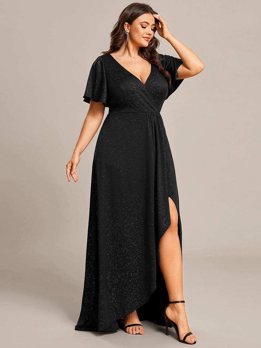 Plus Size Glitter High-Low Front Slit Maxi Dress #color_Black