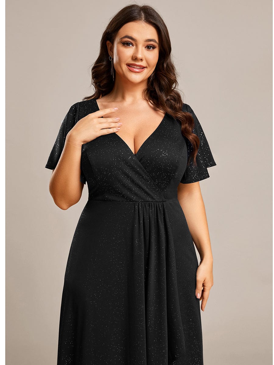 Plus Size Glitter High-Low Front Slit Maxi Dress #color_Black