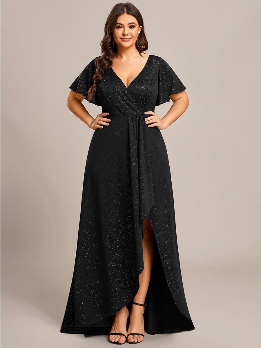 Plus Size Glitter High-Low Front Slit Maxi Dress #color_Black