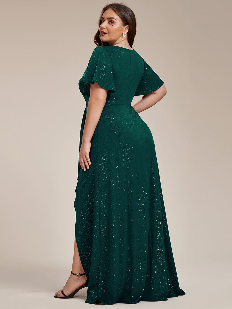 Plus Size Glitter High-Low Front Slit Maxi Dress #color_Dark Green