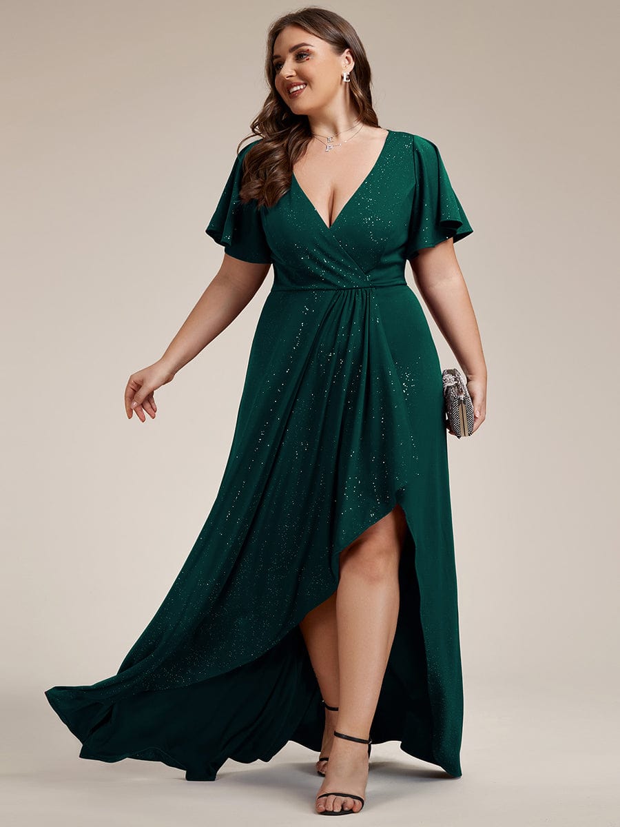 Plus Size Glitter High-Low Front Slit Maxi Dress #color_Dark Green