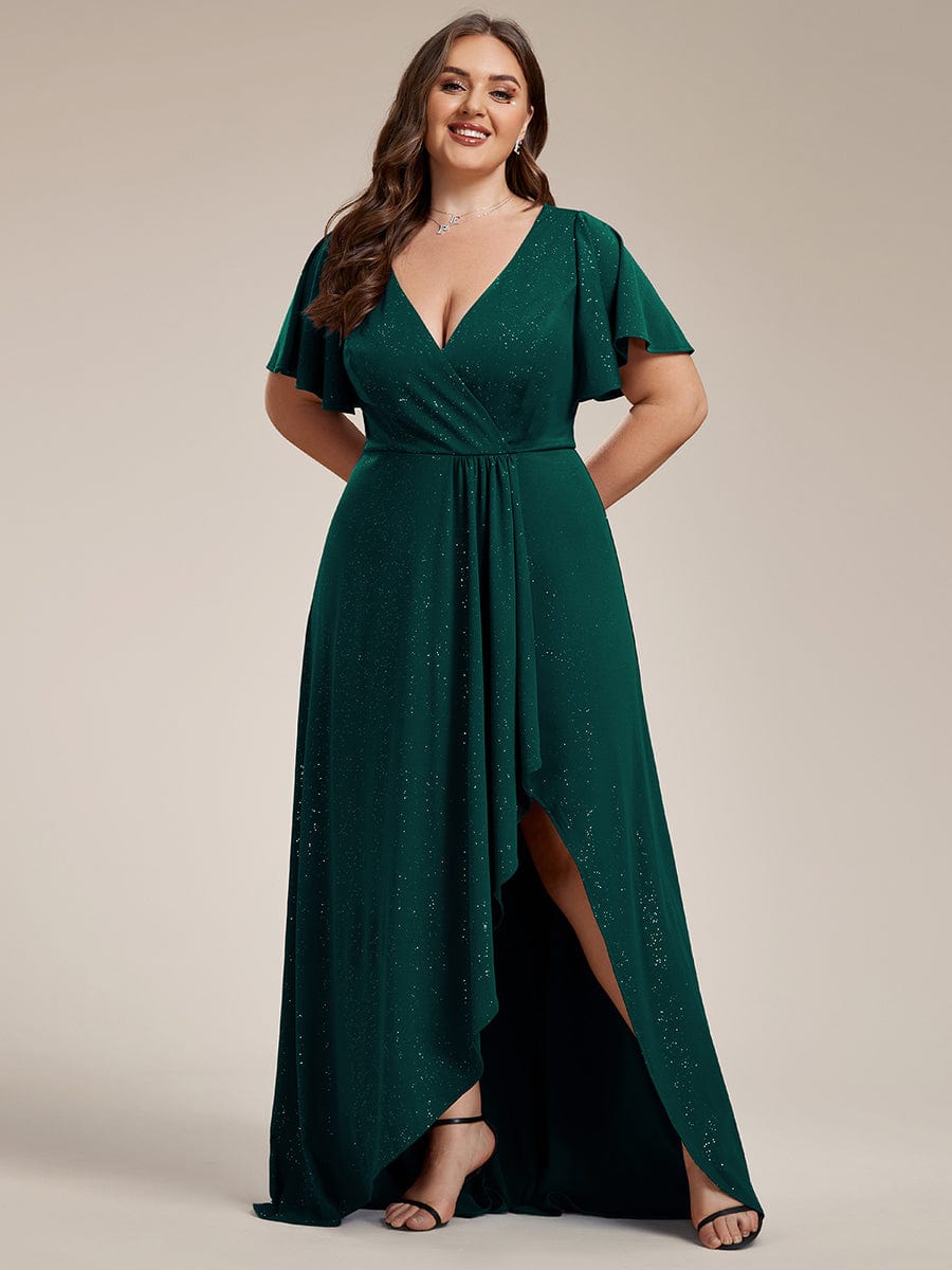 Plus Size Glitter High-Low Front Slit Maxi Dress #color_Dark Green