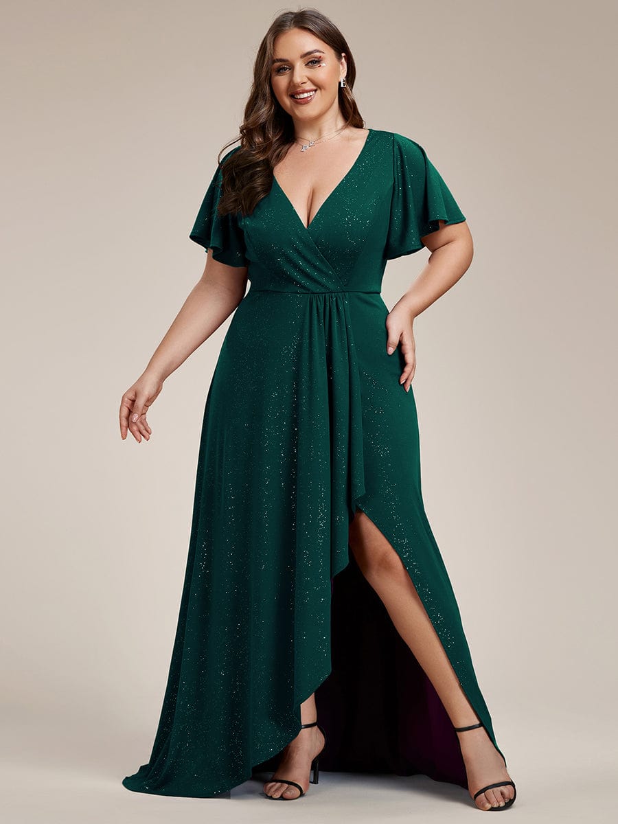 Plus Size Glitter High-Low Front Slit Maxi Dress #color_Dark Green