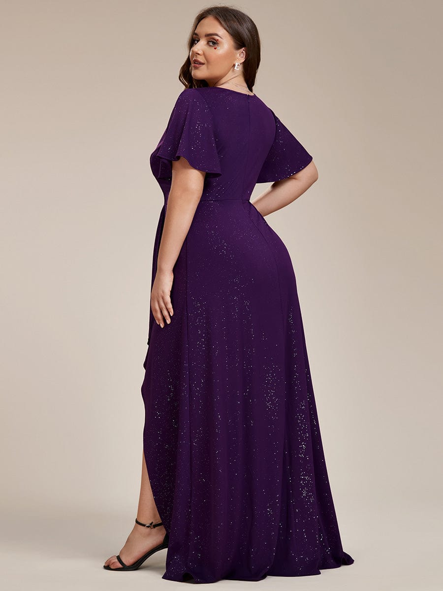 Plus Size Glitter High-Low Front Slit Maxi Dress #color_Dark Purple