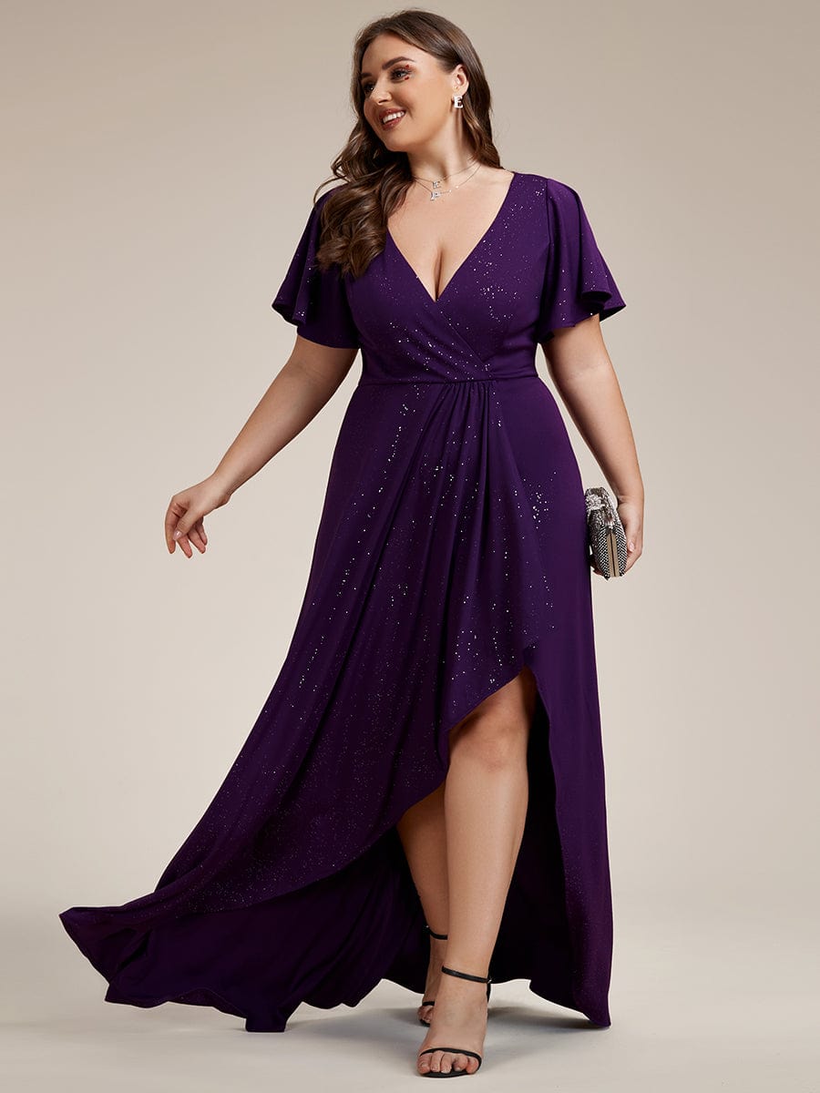 Plus Size Glitter High-Low Front Slit Maxi Dress #color_Dark Purple