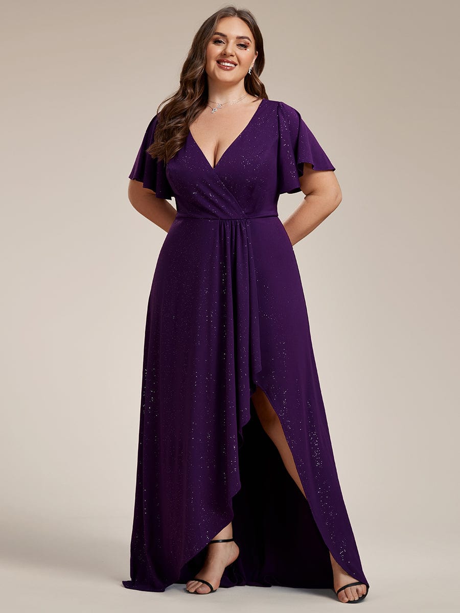 Plus Size Glitter High-Low Front Slit Maxi Dress #color_Dark Purple