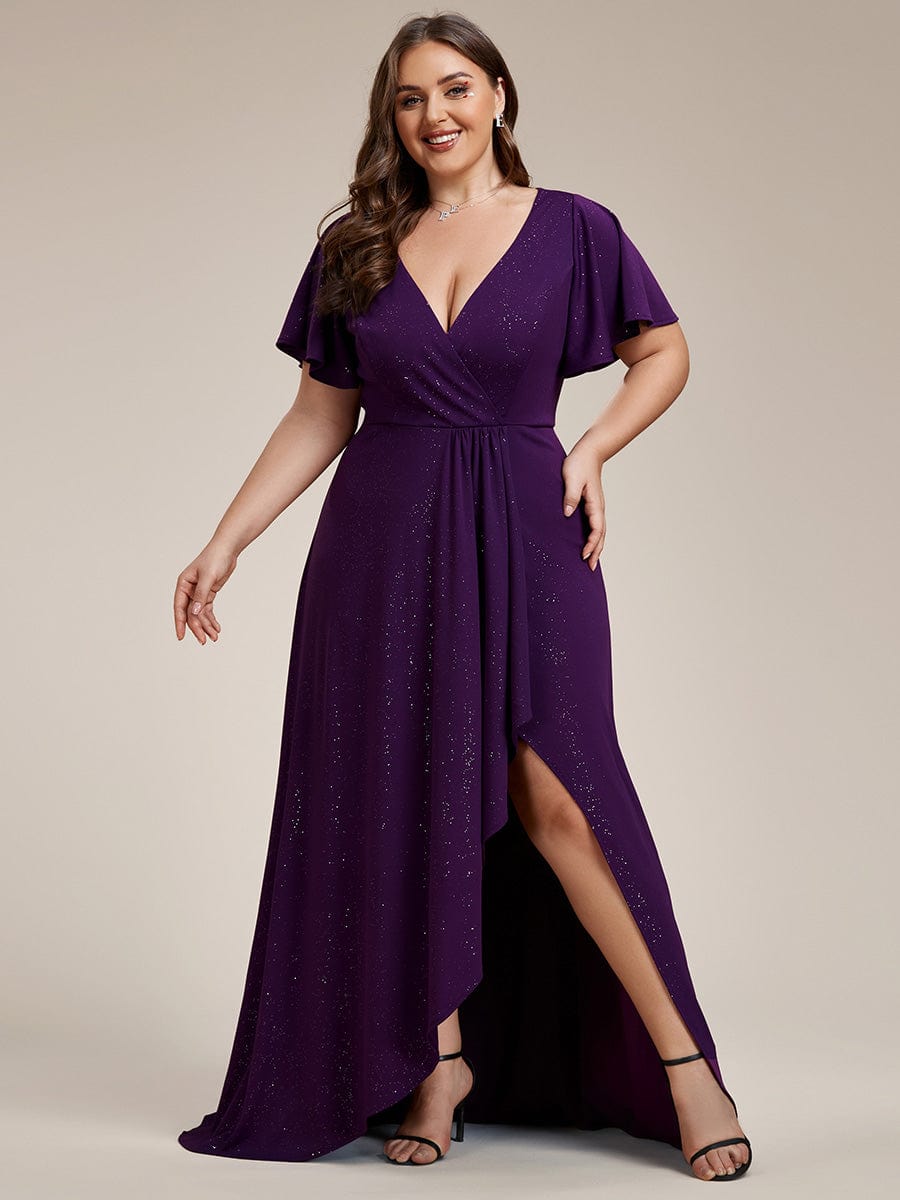 Plus Size Glitter High-Low Front Slit Maxi Dress #color_Dark Purple