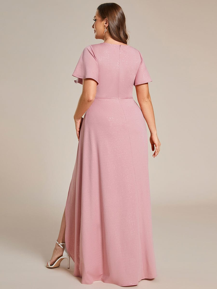 Plus Size Glitter High-Low Front Slit Maxi Dress #color_Dusty Rose