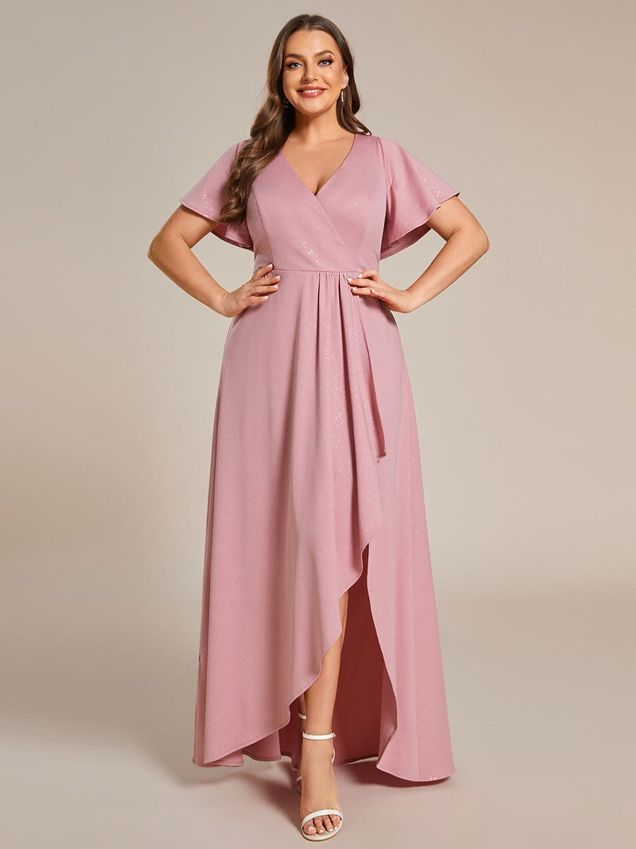 Plus Size Glitter High-Low Front Slit Maxi Dress #color_Dusty Rose