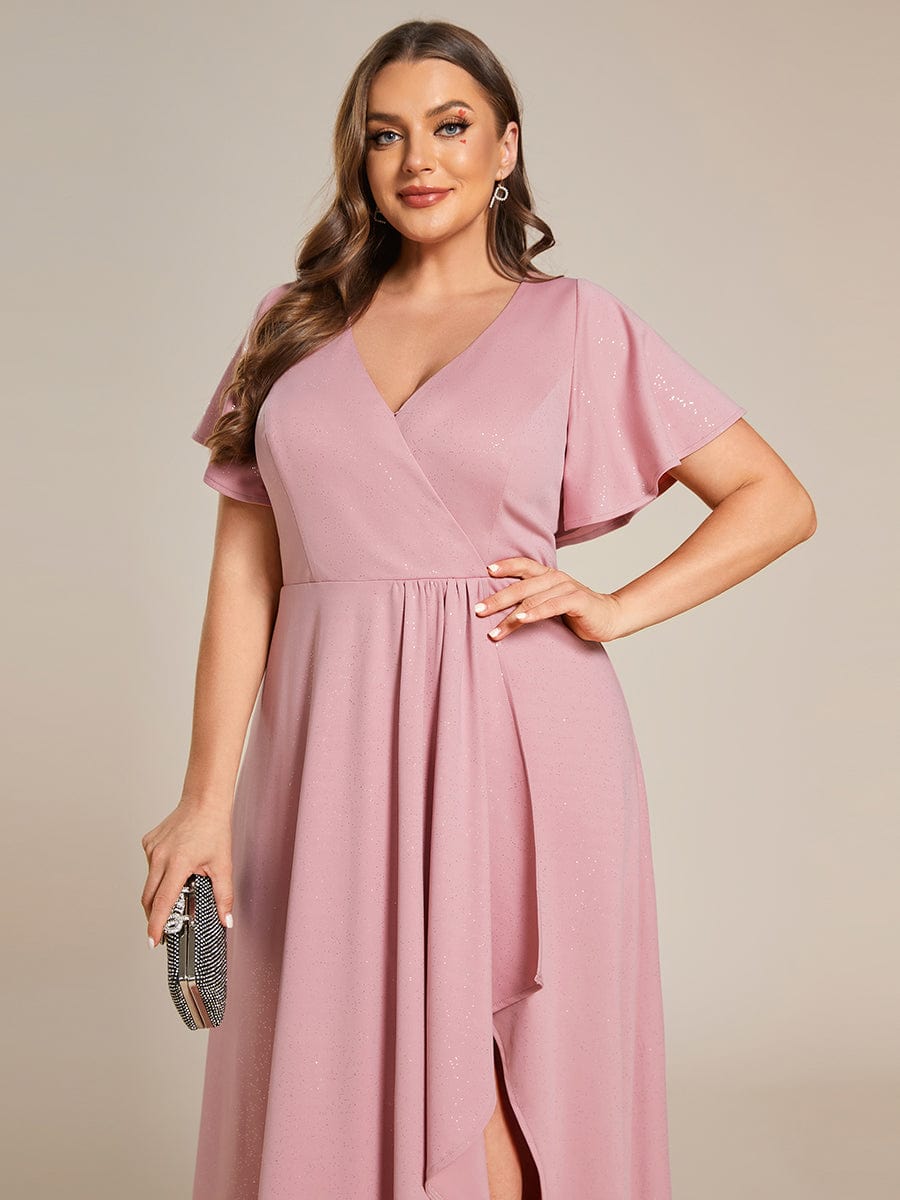 Plus Size Glitter High-Low Front Slit Maxi Dress #color_Dusty Rose