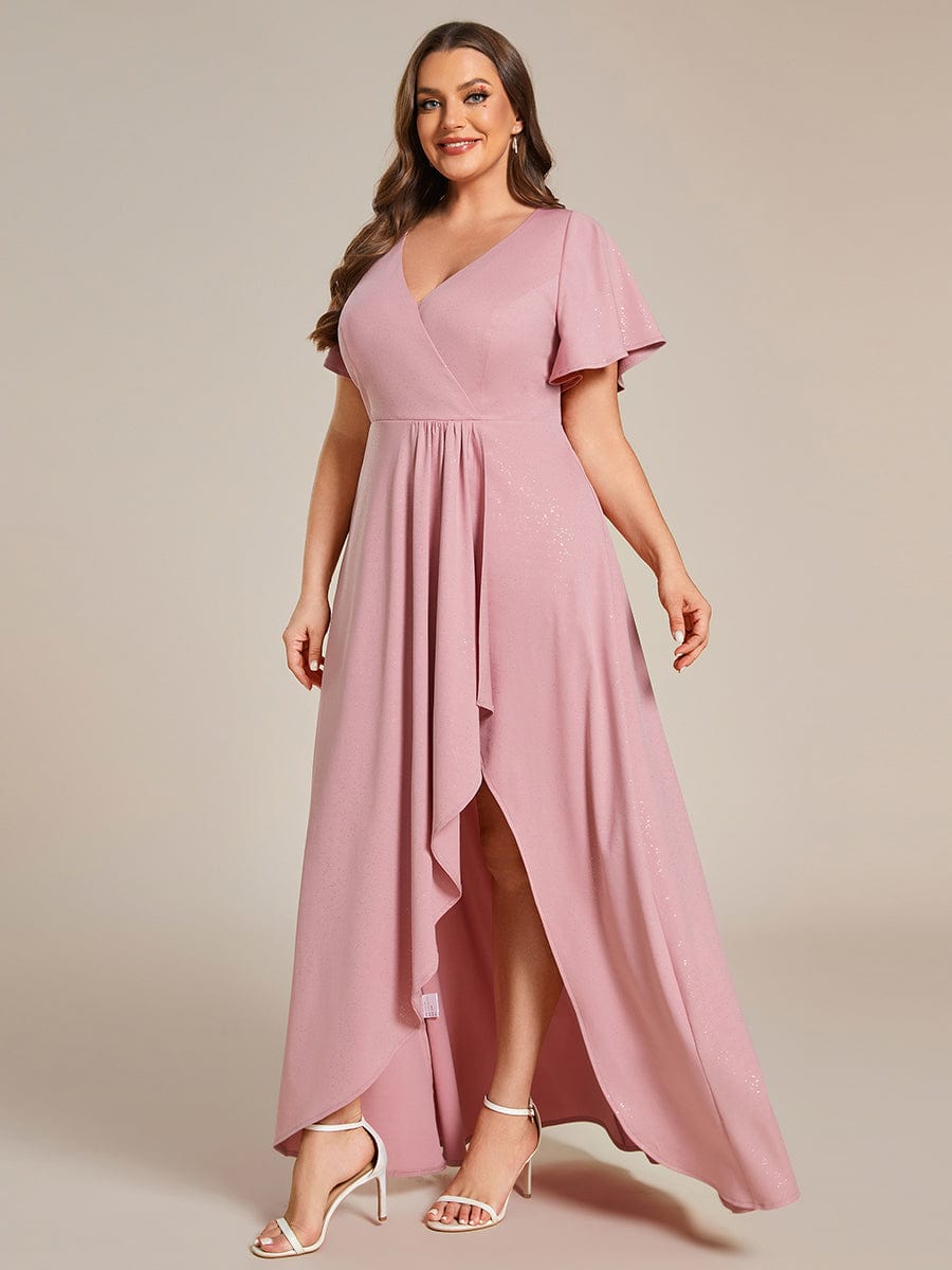 Plus Size Glitter High-Low Front Slit Maxi Dress #color_Dusty Rose