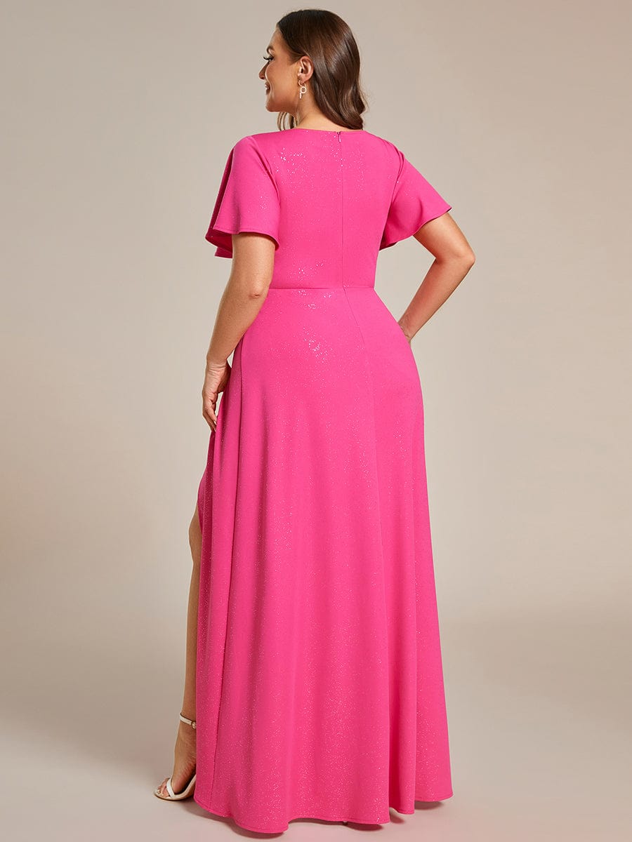 Plus Size Glitter High-Low Front Slit Maxi Dress #color_Hot Pink