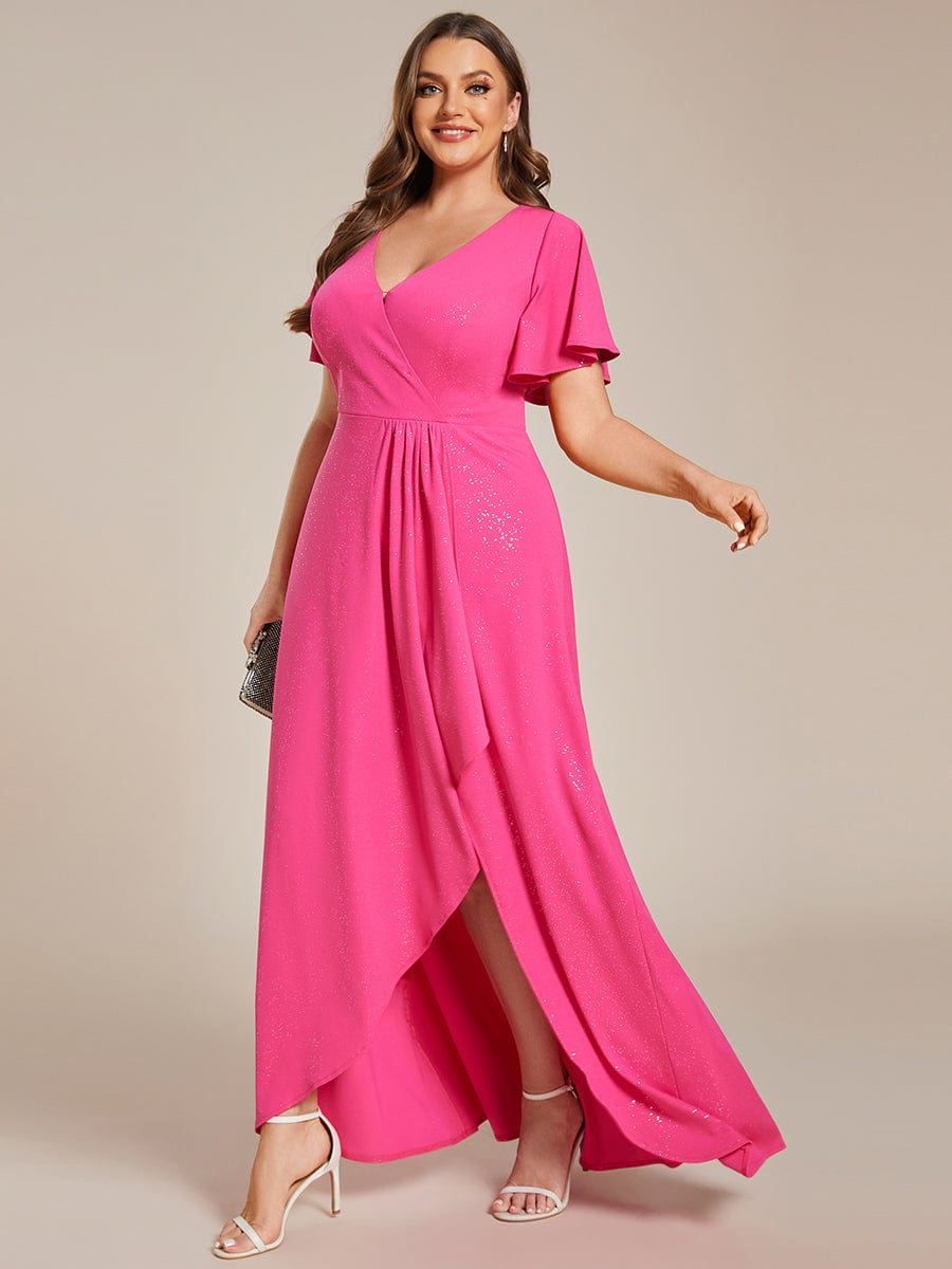 Plus Size Glitter High-Low Front Slit Maxi Dress #color_Hot Pink