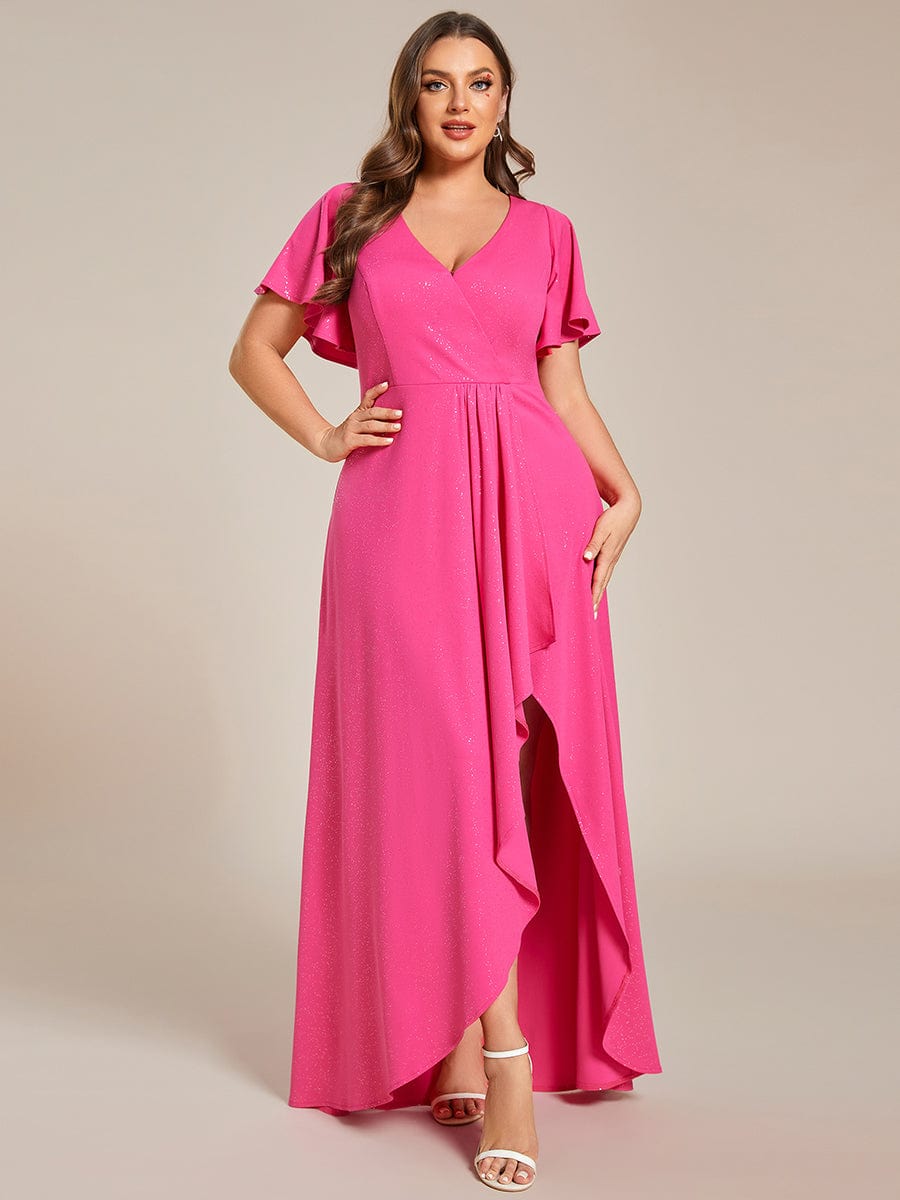 Plus Size Glitter High-Low Front Slit Maxi Dress #color_Hot Pink