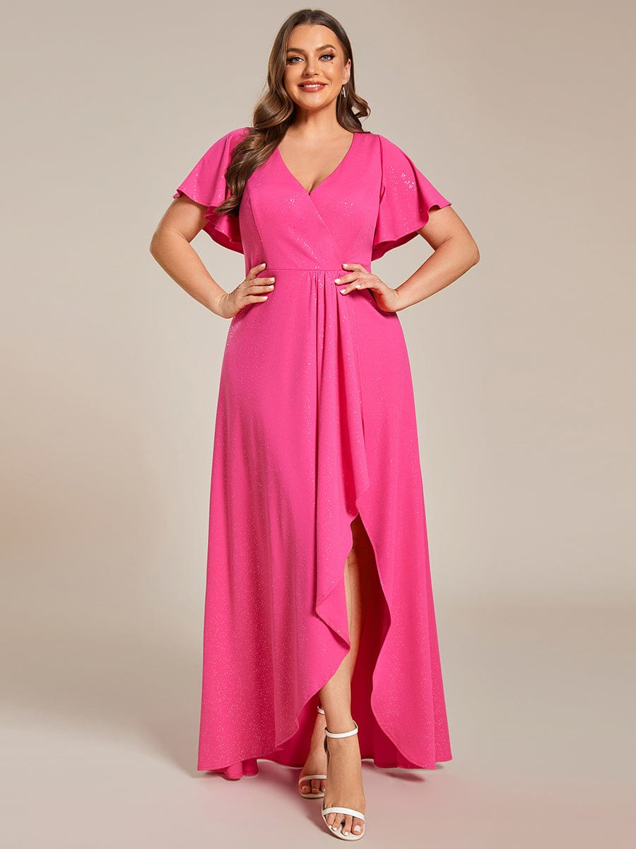 Plus Size Glitter High-Low Front Slit Maxi Dress #color_Hot Pink