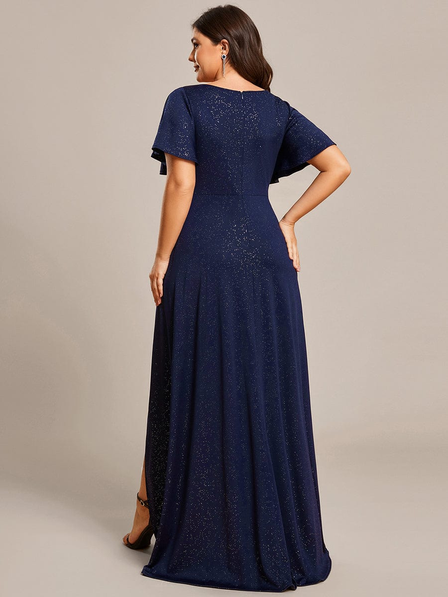 Plus Size Glitter High-Low Front Slit Maxi Dress #color_Navy Blue