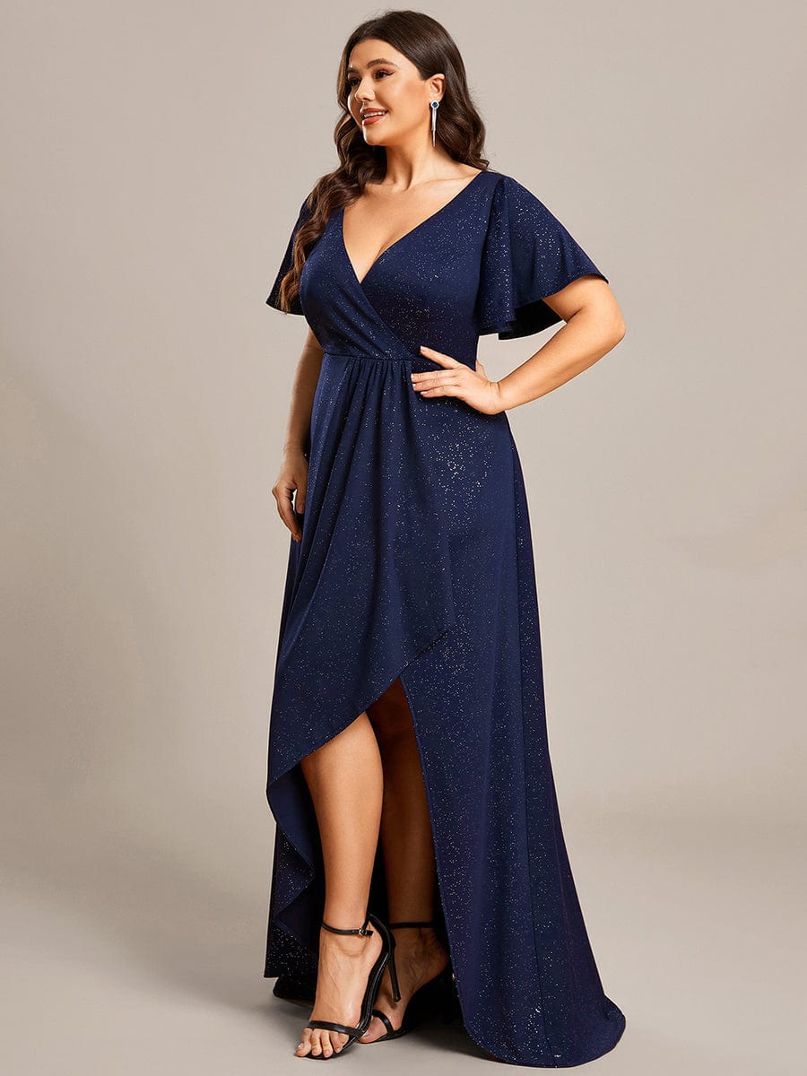 Plus Size Glitter High-Low Front Slit Maxi Dress #color_Navy Blue