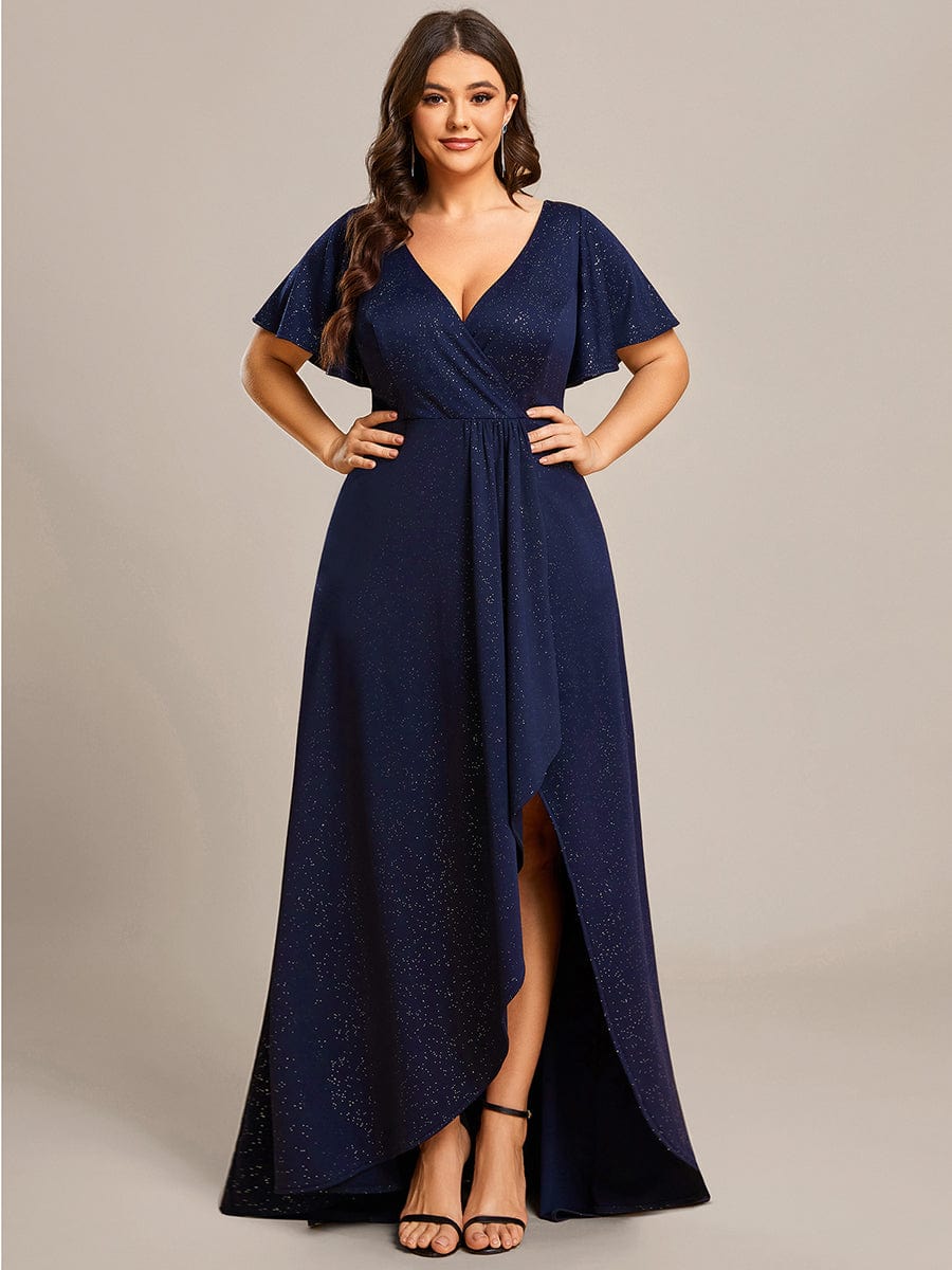 Plus Size Glitter High-Low Front Slit Maxi Dress #color_Navy Blue